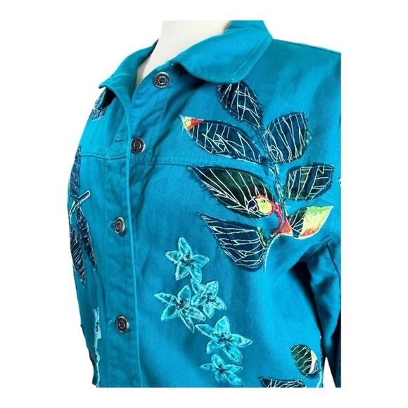 Chico's Design Jacket 2 M Denim Silk Embroidered Floral Hawaiian Parrot Bead VTG - Picture 5 of 11